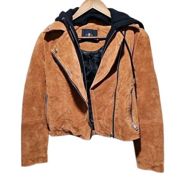 7 For All Mankind Suede Leather Moto Jacket Removeable Hood M Brown Black *Read* - Picture 1 of 5